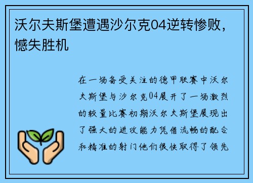 沃尔夫斯堡遭遇沙尔克04逆转惨败，憾失胜机